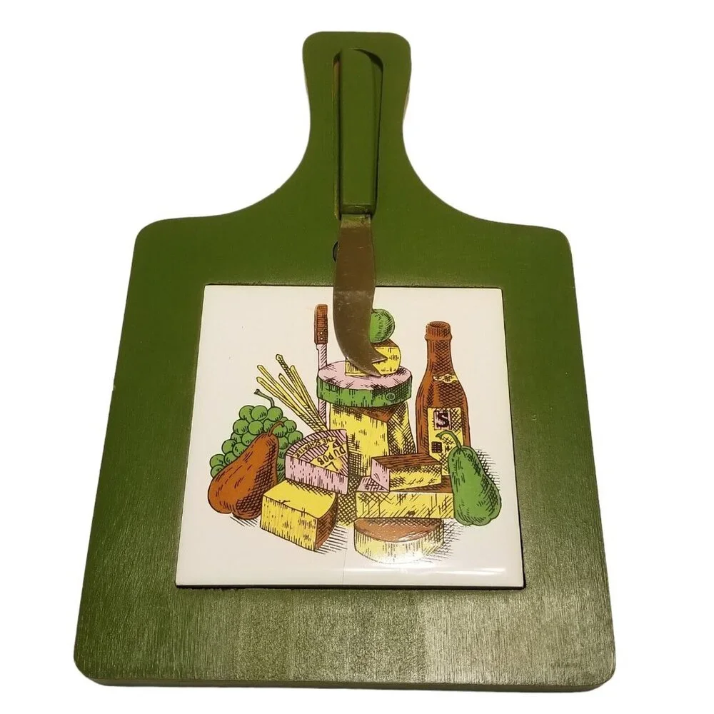 Cheese Board Vintage 70s Wood Ceramic Trivet‎ Cutting Avocado Green Knife
